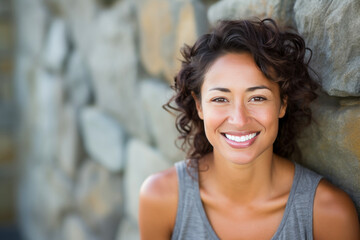 Healthy smiling woman in fitness clothing posing in front of a stone wall. - Powered by Adobe