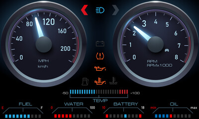 Car dashboard speedometer, tachometer, digital LED indicators for fuel and engine temperature. Vector realistic elements of car dashboard instrument cluster. - obrazy, fototapety, plakaty