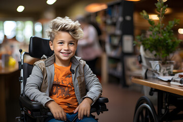 Fototapeta na wymiar Happy disabled child in wheelchair at school. Inclusion and accessibility of educational centers and schools.