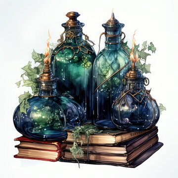 Watercolor Halloween Potion Bottle with Books illustration Generative Ai