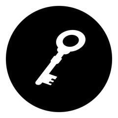 A old key symbol in the center. Isolated white symbol in black circle. Illustration on transparent background