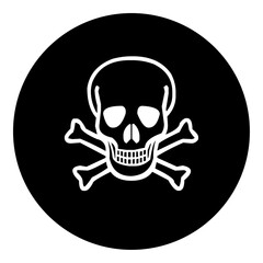 A skull in the center. Isolated white symbol in black circle. Vector illustration on white background