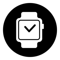 A smart watch symbol in the center. Isolated white symbol in black circle. Vector illustration on white background