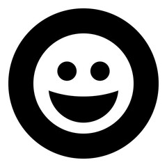 A laughter face symbol in the center. Isolated white symbol in black circle. Illustration on transparent background