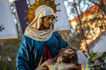 Closeup of the statue of Pieta during the Holy week (Semena Santa) - obrazy, fototapety, plakaty