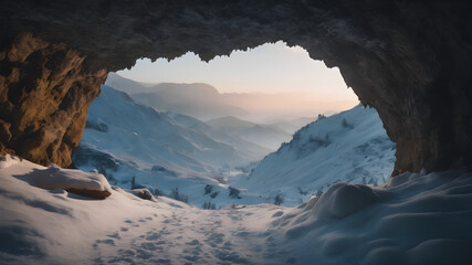 View from a cave in the winter. generative AI