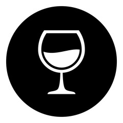 A wineglass symbol in the center. Isolated white symbol in black circle. Illustration on transparent background