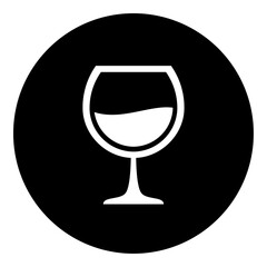 A wineglass symbol in the center. Isolated white symbol in black circle. Vector illustration on white background