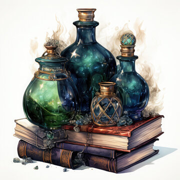 Watercolor Halloween Potion Bottle with Books illustration Generative Ai