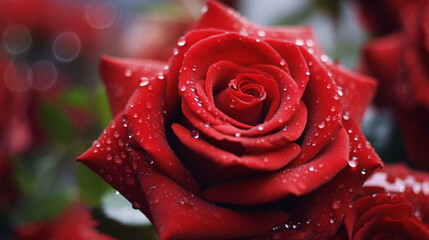 a red rose with dew or water drops, droplets