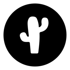 A cactus symbol in the center. Isolated white symbol in black circle. Vector illustration on white background