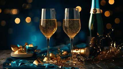 Coupes de champagne et bouteille, célébration et fête. Couleurs bleu, doré, noir. Ambiance festive, nouvel an, anniversaire. Espace vide pour conception et création graphique.
