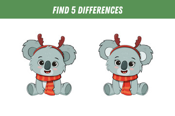 Find 5 differences between two pictures of cute koala. Cartoon koala bear. Activity page.  Christmas game. Vector