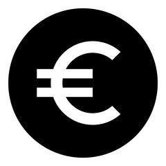 A euro symbol in the center. Isolated white symbol in black circle. Illustration on transparent background