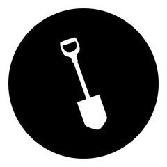 A shovel symbol in the center. Isolated white symbol in black circle. Illustration on transparent background