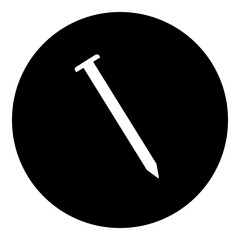 A metal nail symbol in the center. Isolated white symbol in black circle. Illustration on transparent background