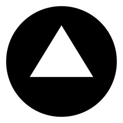 A triangle symbol in the center. Isolated white symbol in black circle. Vector illustration on white background