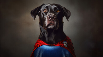 Domestic Superhero: Dog with hero cape in Studio Photo. 