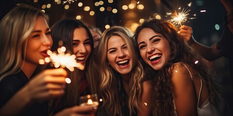 Friends celebrate Christmas or New Years party with sparklers. Group of happy people enjoying party with fireworks. Winter holiday, youth, lifestyle concept. - obrazy, fototapety, plakaty