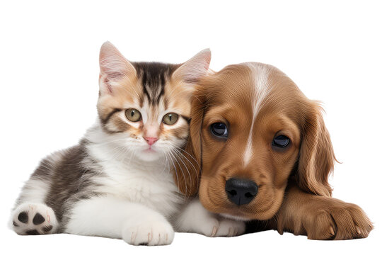 Cute puppy and kitty cuddle on a transparent background, capturing the essence of innocence and joy in their playful bond. conveying the love between pets, adding charm and sweetness to your designs.