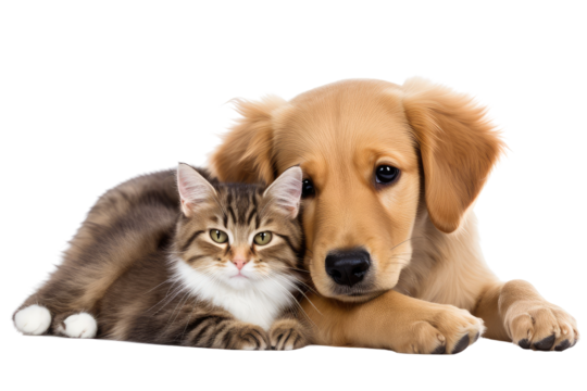Cute puppy and kitty cuddle on a transparent background, capturing the essence of innocence and joy in their playful bond. conveying the love between pets, adding charm and sweetness to your designs.