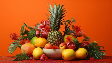 mixed tropical fruits, like pineapples and passion fruit, on a lively coral background, creating a visually striking and dynamic backdrop for presentations