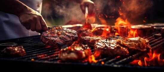 In the midst of a vibrant summer party a man with a background in cooking stood by the smoking metal barbecue expertly tending to the sizzling steak as flames danced in the air and the enti - obrazy, fototapety, plakaty