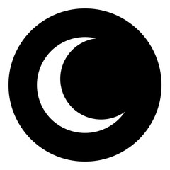 A moon symbol in the center. Isolated white symbol in black circle. Illustration on transparent background