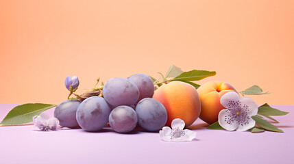 Obraz premium a selection of pastel-colored fruits, such as plums and apricots, arranged on a soft lavender background, creating a calming and visually pleasing backdrop for presentations