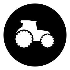 A tractor symbol in the center. Isolated white symbol in black circle. Illustration on transparent background