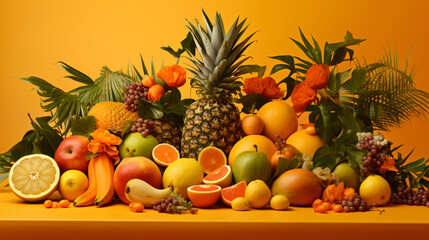 mixed tropical fruits, like pineapples and passion fruit, on a lively coral background, creating a visually striking and dynamic backdrop for presentations