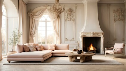 Fototapeta premium a living room filled with furniture and a fire place