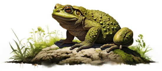 In the isolated summer wilderness a bumpy and fat toad a reptile of the nature sat on a white background blending with the green surroundings its head adorned with a pair of strikingly vibr