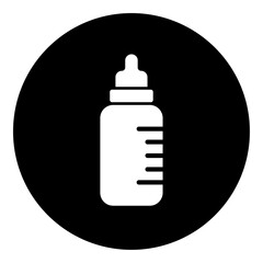 A feeding bottle symbol in the center. Isolated white symbol in black circle. Vector illustration on white background