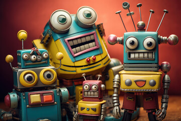 Fototapeta premium Happy robot family hugging. Witness the love and unity between robotic parents and children, futuristic technology. Perfect for conveying the joy of innovation in your creative projects.