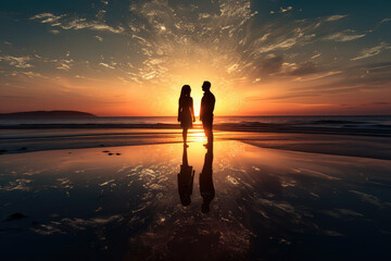 Romantic beach sunset silhouette. A couple in perfect harmony against the idyllic seascape, a peaceful and intimate moment by the ocean at dusk. - obrazy, fototapety, plakaty