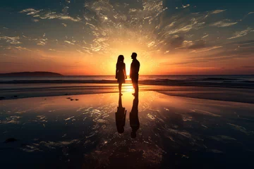 Foto op Aluminium Romantic beach sunset silhouette. A couple in perfect harmony against the idyllic seascape, a peaceful and intimate moment by the ocean at dusk. © Mongkol