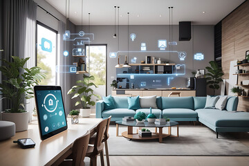 Smart home uses modern technology control with smartphone, including the internet of things to feature various connected devices - obrazy, fototapety, plakaty