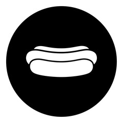 A hotdog symbol in the center. Isolated white symbol in black circle. Vector illustration on white background