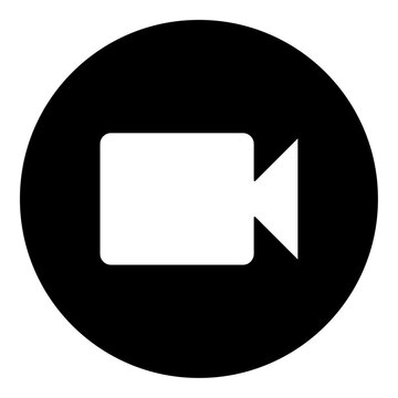A video camera symbol in the center. Isolated white symbol in black circle. Vector illustration on white background