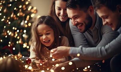 Obraz na płótnie Canvas Happy parent helping their daughter decorate the house christmas tree, smiling young girl enjoying festive activities concept, having fun, wonderful time on traditional Christmas winter evening