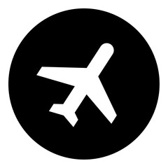 A plane symbol in the center. Isolated white symbol in black circle. Vector illustration on white background