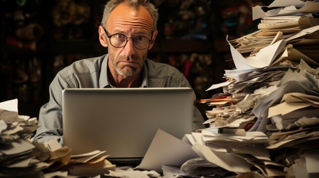 Overwhelmed Middle-Aged Businessman Among Mountains of Paperwork at His Desk