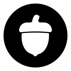 A acorn symbol in the center. Isolated white symbol in black circle. Illustration on transparent background