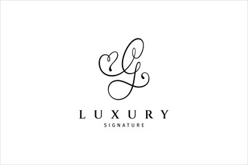 Letter G handwritten logo template with love or heart shape decoration. Initial signature vector