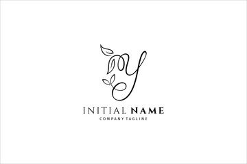 Letter Y handwritten logo template with leaves shape decoration. Initial signature vector