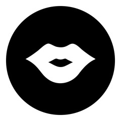 A lips symbol in the center. Isolated white symbol in black circle. Illustration on transparent background