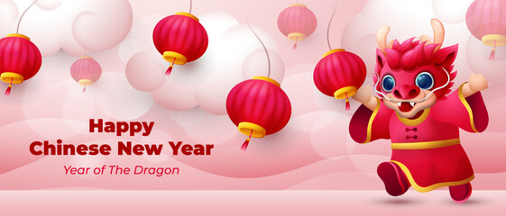 Chinese New year of the Dragon banner, cute  dragon running with flying lantern in the sky © Astira