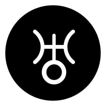 A astrological uranus symbol in the center. Isolated white symbol in black circle. Illustration on transparent background