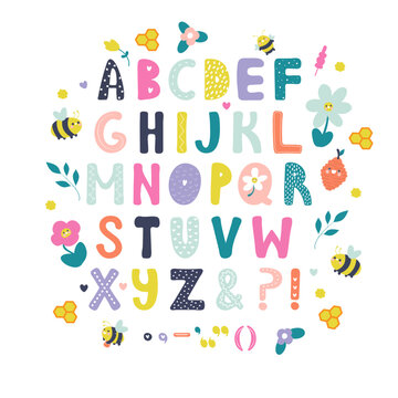 Colorful kids ABC, playful illustration with vibrant colours, bee, flowers in kawaii styles, wall decor